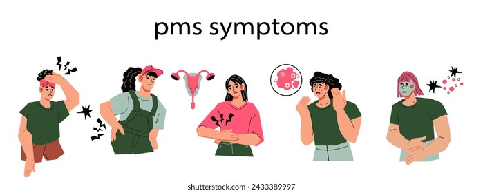 Menstrual symptom of pain and skin inflammation during PMS, flat vector illustration isolated on white. Premenstrual syndrome or PMS set of physical discomforts that occur at each menstruation.