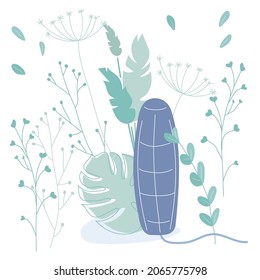 Menstrual tampon concept vector illustration with flowers, herbs and leafs. The menstrual period cycle or PMS is NORMA
