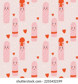 Menstrual tampons characters pattern. Feminine intimate hygiene cartoon products. Hand drawn vector mascot kawaii illustration