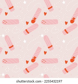 Menstrual tampons pattern. Feminine intimate hygiene cartoon products. Hand drawn vector mascot kawaii illustration