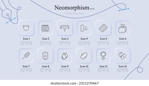 Menstruation awareness and care. A natural bodily process in women characterized by the shedding of the uterine lining. Neomorphism style. Vector line icon