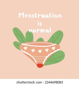 Menstruation bloody bikini flat vector illustration with floral background. Menstruation normalize for print.