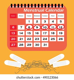 Menstruation calendar with cotton tampons. Woman hygiene protection and critical days.