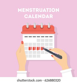 Menstruation calendar illustration. Red signs of menstrual cycle.