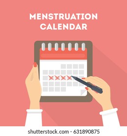 Menstruation calendar illustration. Red signs of menstrual cycle.