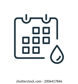 Icono lineal del calendario de menstruación. Concepto de ciclo menstrual con calendario y gota de sangre. Menores y madres de familia de mujeres. Aplicación de recordatorio sobre el periodo de menstruación. Trazo editable. Ilustración vectorial.