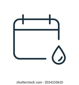 Menstruation Calendar Linear Icon. Concept Menstrual Cycle with Calendar and Blood Drop. Menses and Pms of Women. Reminder Application about Menstruation Period. Editable stroke. Vector illustration.