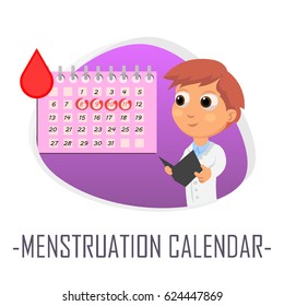 Menstruation calendar medical concept. Vector illustration. Doctor and patient are talking in the hospital. Isolated on white background.