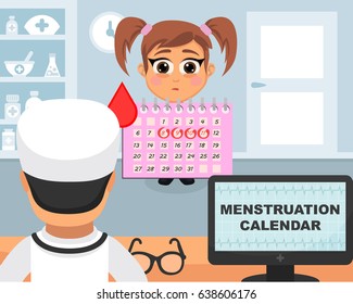 Menstruation calendar medical concept. Vector illustration. Doctor and patient are talking in the hospital. Isolated on white background.