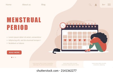 Menstruation calendar shedule. Landing page template. Woman period. Female critical day problems. Sad girl with pms. Vector illustration in flat cartoon style.