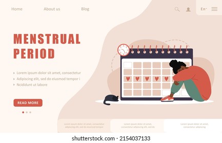 Menstruation calendar shedule. Landing page template. Woman period. Female critical day problems. Sad african girl with pms. Vector illustration in flat cartoon style.