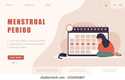 Menstruation calendar shedule. Landing page template. Woman period. Female critical day problems. Sad islamic girl with pms. Vector illustration in flat cartoon style.