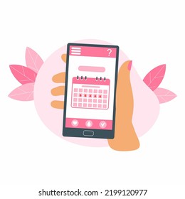 Calendario de menstruación en smartphone. Mano sostiene el teléfono. Salud de las mujeres.