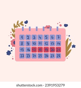 Menstruation calendar. Woman hygiene protection. Woman critical days. Set of women s means personal hygiene vector illustration, feminine hygiene pads, uterus, menstruation