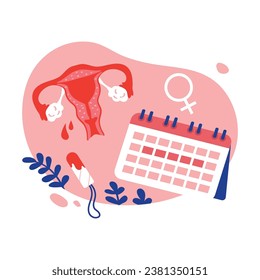 Menstruation composition with calendar, tampon and uterus. Flat vector illustration.