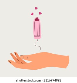 Menstruationskonzept. PMS. Die Hand hält ein Tampom. Vektorgrafik.