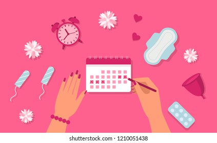 Menstruation Concept. Woman Hands, Clock, Pad, Tampon, Pills. Menstruation Cycle. Vector.