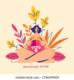 Menstruation concept. Woman holds clock with female genital organs silhouette. Sign menstrual period. Modern flat style illustration