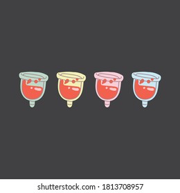 Menstruation cups in different colors. Tshirt print concept. 