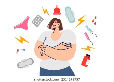 Menstruation cycle causes bad mood in woman standing among medicines and feminine hygiene products. PMS and hormonal imbalance during menstruation caused depression and stress for girl.