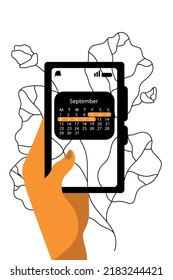 Menstruation cycle. Hand hold smartphone with woman periods calendar. Menstrual phone application, ovulation check. Vector female health illustration. Floral decoration