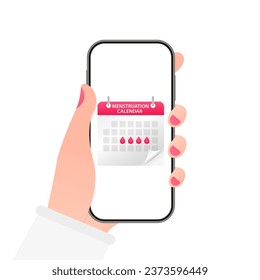 Menstruation cycle. Hands hold a calendar of women's periods. Menstrual phone app, ovulation check. Women's health. Vector illustration