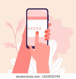 Menstruation cycle. Hands hold woman periods calendar. Menstrual phone application, ovulation check. Vector female health illustration
