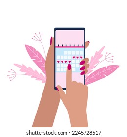 Menstruation cycle. Hands hold woman periods calendar. Menstrual phone application, ovulation check. Vector female health illustration