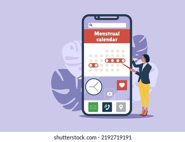 Menstruation cycle. Menstrual phone application, ovulation check. Woman periods calendar.  Vector female health illustration.