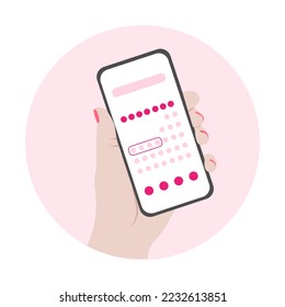 Menstruation cycle mobile app. Hands hold woman periods calendar. Menstrual phone application, ovulation check. Vector female health illustration