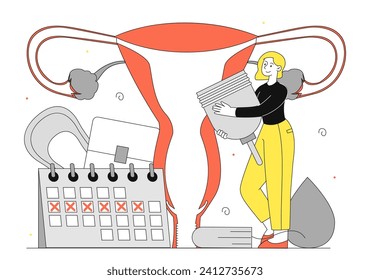 Menstruation cycle woman linear concept. Young girl with calendar. Female reproductive system anatomy. Gynecology and menstruation. Doodle flat vector illustration isolated on white background