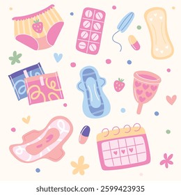 Menstruation, decorative menstrual neoteric vector set. Female period calendar and hygiene elements.