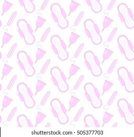 Menstruation, feminine hygiene seamless pattern. Pads, pantyliners, tampons seamless texture. Female hygiene products background. Women's hut wallpaper. Vector illustration.