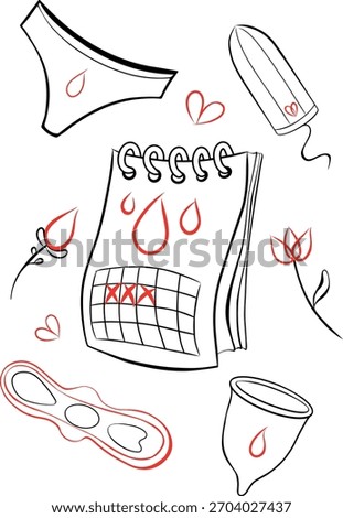 Menstruation and Feminine Hygiene Set Vector Line Art: Period Calendar and Protection Products Collection