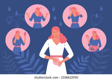 Menstruation flat background with woman touching belly and suffering from pain of menses periods vector illustration