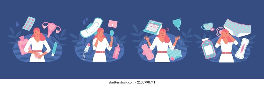 Menstruation flat compositions on blue background with women suffering from premenstrual syndrome and menstrual pain isolated vector illustration