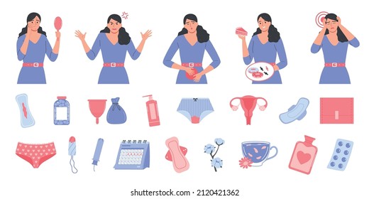 Menstruation flat set of medical and health care items and women with pms symptoms images isolated vector illustration