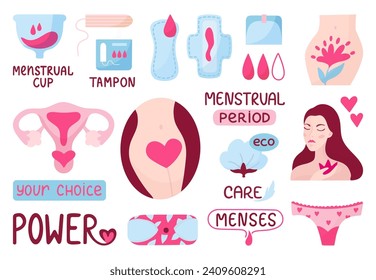 Menstruation hygiene cartoon elements. Menstrual cup and pads, female panties and tampon. Woman self love and power, neoteric vector set