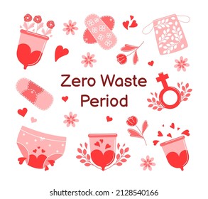 Menstruation hygiene. Female period products - tampon, pads, menstrual cup. Zero waste for woman critical days vector set. Menstruation female period, feminine menstrual care illustration