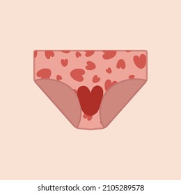 Menstruation hygiene.Female period products -women's panties with menstrual blood in the form of heart. Feminine menstrual care illustration.Menstrual period.Feminism.Gender equality.Vector graphics
