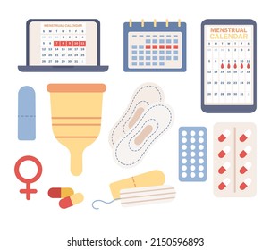 Menstruation Icon Set. Menstrual Cycle. Female Period. Various Feminine Hygiene Products. Sanitary Pad, Tampon, Reusable Cup, Pills, Calendar. Vector Flat Illustration