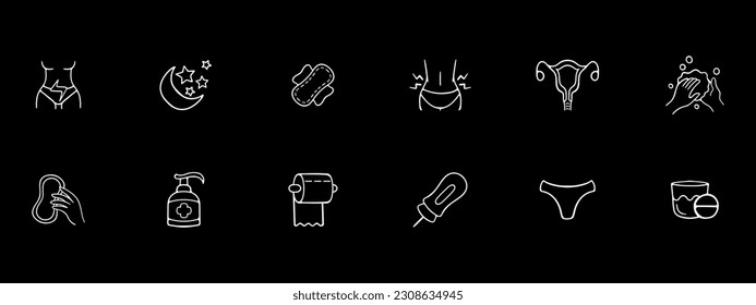 Menstruation icon set. Menstrual cycle, period tracker, feminine hygiene products, menstrual pain relief. Period concept. Black color background. Vector 12 line icon