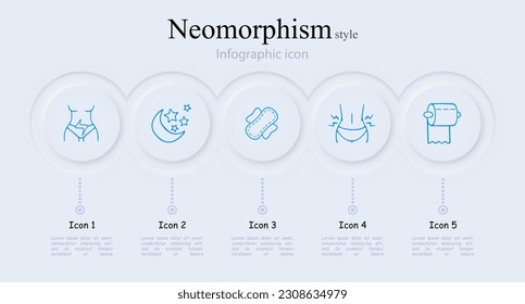 Menstruation icon set. Menstrual cycle, period tracker, feminine hygiene products, menstrual pain relief. Period concept. Neomorphism style. Vector line icon for Business