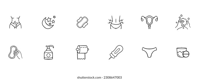 Menstruation icon set. Menstrual cycle, period tracker, feminine hygiene products, menstrual pain relief. Period concept. Vector line icon for Business