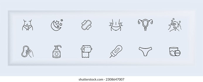 Menstruation icon set. Menstrual cycle, period tracker, feminine hygiene products, menstrual pain relief. Period concept. Vector line icon for Business