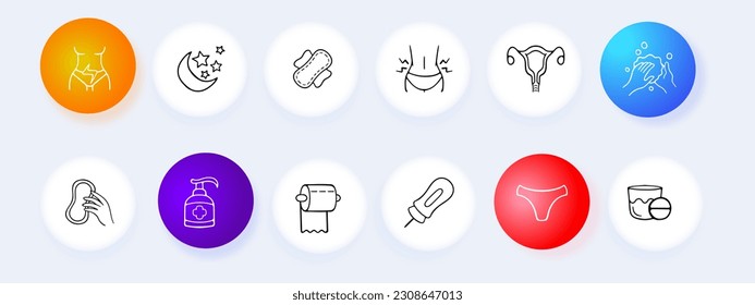 Menstruation icon set. Menstrual cycle, period tracker, feminine hygiene products, menstrual pain relief. Period concept. Vector line icon for Business