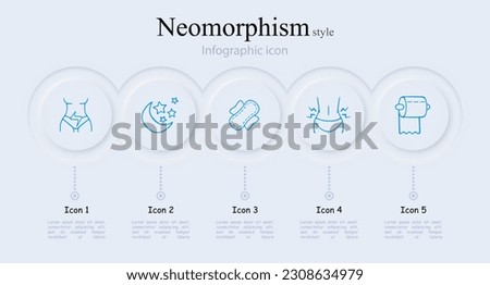 Menstruation icon set. Menstrual cycle, period tracker, feminine hygiene products, menstrual pain relief. Period concept. Neomorphism style. Vector line icon for Business