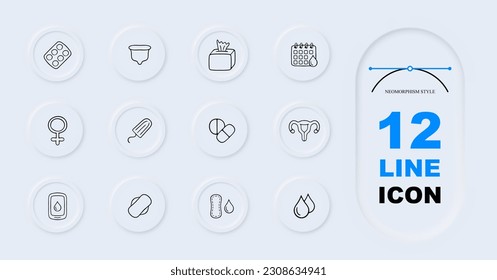 Menstruation icon set. Period products, menstrual cycle, cramps, pads, tampons, menstrual cup. Pain relief concept. Vector 12 line icon