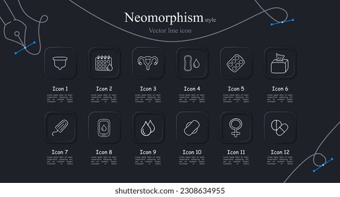 Menstruation icon set. Period products, menstrual cycle, cramps, pads, tampons, menstrual cup. Pain relief concept. Neomorphism style. Vector line icon for Business