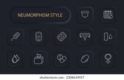 Menstruation icon set. Period products, menstrual cycle, cramps, pads, tampons, menstrual cup. Pain relief concept. Neomorphism style. Vector line icon for Business